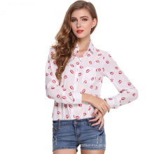 2017 hot venda blusa encabeça mulheres lapela design de mangas compridas impressão chiffon senhora blusa